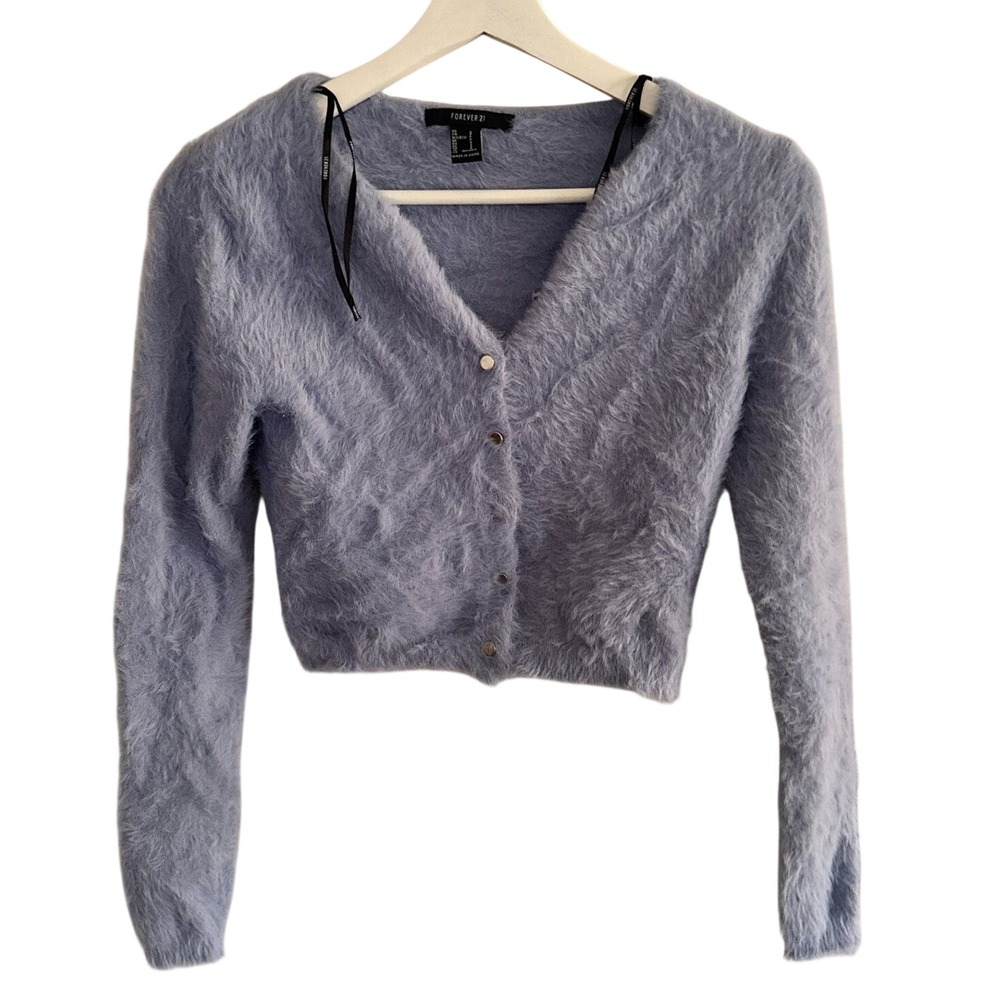 Forever 21 Cardigan Fuzzy Eyelash Knit Cropped Small Blue Womens Y2K Sweater